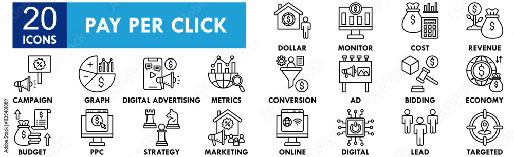 Pay Per Click icon collection set. Containing design internet, click, web, online, pay, website Pay Per Click icon collection set. Containing design internet, click, web, online, pay, website