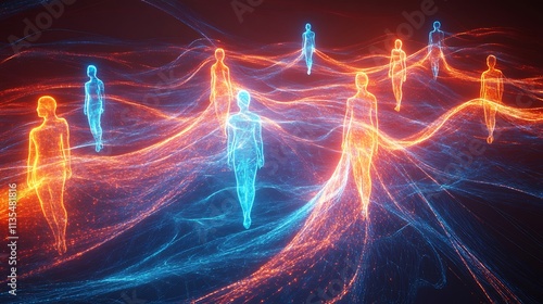 Abstract digital art depicting interconnected glowing human figures in a flowing energy field.