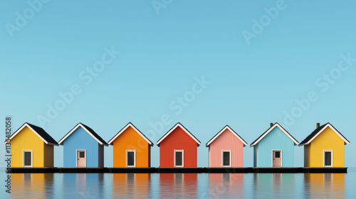 Recycle sustainability conservation renewal concept. A vibrant row of colorful houses reflected in calm water under a clear blue sky, creating a serene and picturesque scene.