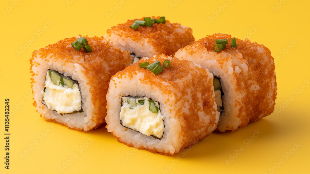 Four Tobiko-Coated Sushi Rolls with Cream Cheese Filling Four Tobiko-Coated Sushi Rolls with Cream Cheese Filling