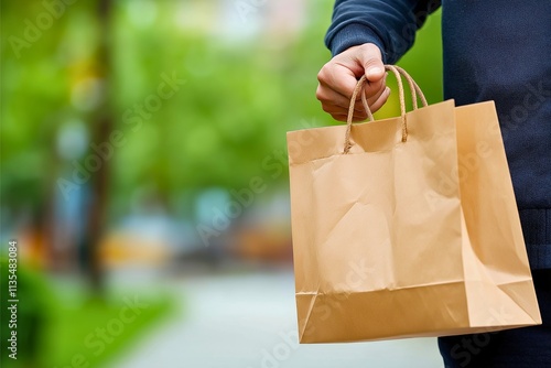 A close-up of a person holding a brown kraft paper bag with a green blurred park background, possibly indicating shopping, leisure, or eco-friendliness.