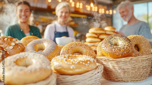 A variety of freshly baked bagels with different toppings, including sesame seeds, poppy seeds, and powdered sugar, displayed in a wicker basket and held by multiple people. photo