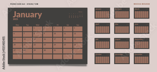 Set of 12 Pages Monthly Calendar Planner Templates on 2025. Vector mockup of wall or desktop calendar with the week start on Monday for print. Pages size A4 21x29.7cm