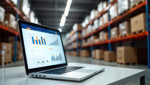 Laptop on desk shows inventory management software. Warehouse background shows organized storage. Modern tech used for inventory tracking in logistics. Business efficiency concept. Remote work