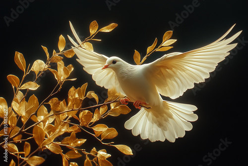 A minimalist dove carrying a golden olive branch, symbolizing peace and hope for the New Year: photo