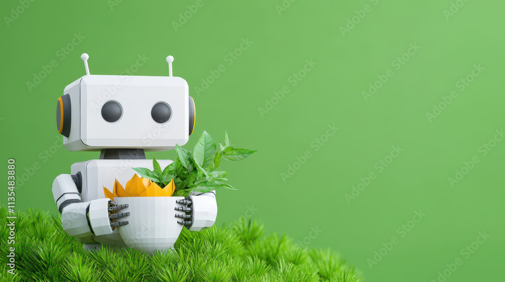 Fototapeta premium friendly robot holding plant in pot, surrounded by greenery, symbolizes nature and technology