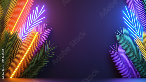 Wallpaper Mural Vibrant neon lights illuminate tropical palm leaves in dark setting Torontodigital.ca