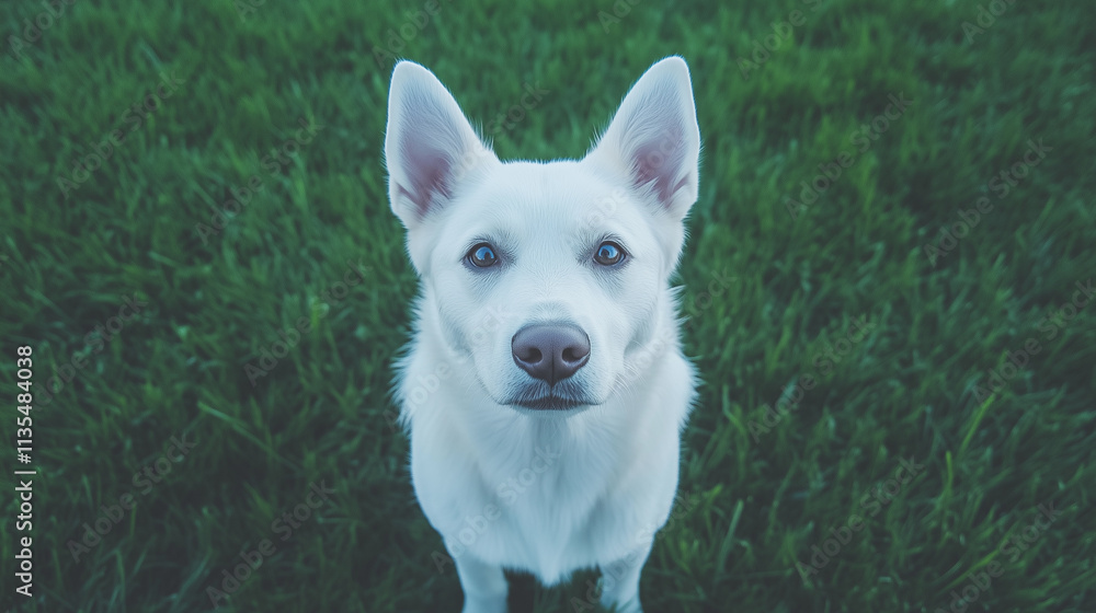 White Dog with Blue Eyes in Green Grass White Dog with Blue Eyes in Green Grass