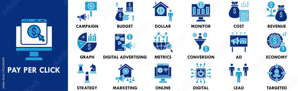 Pay Per Click icon collection set. Containing design internet, click, web, online, pay, website Pay Per Click icon collection set. Containing design internet, click, web, online, pay, website