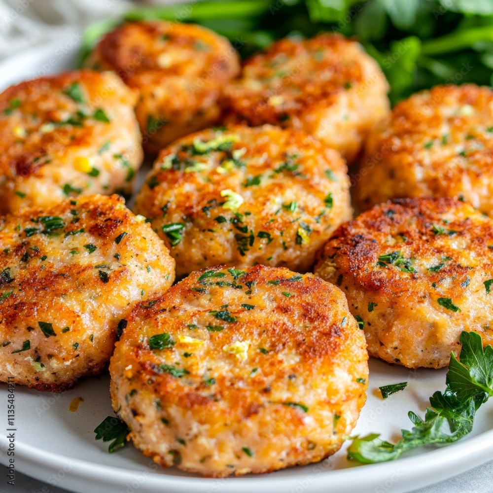 Salmon cakes arranged in a symmetrical pattern on a white plate, each one lightly seasoned with herbs and a touch of lemon zest Salmon cakes arranged in a symmetrical pattern on a white plate, each one lightly seasoned with herbs and a touch of lemon zest