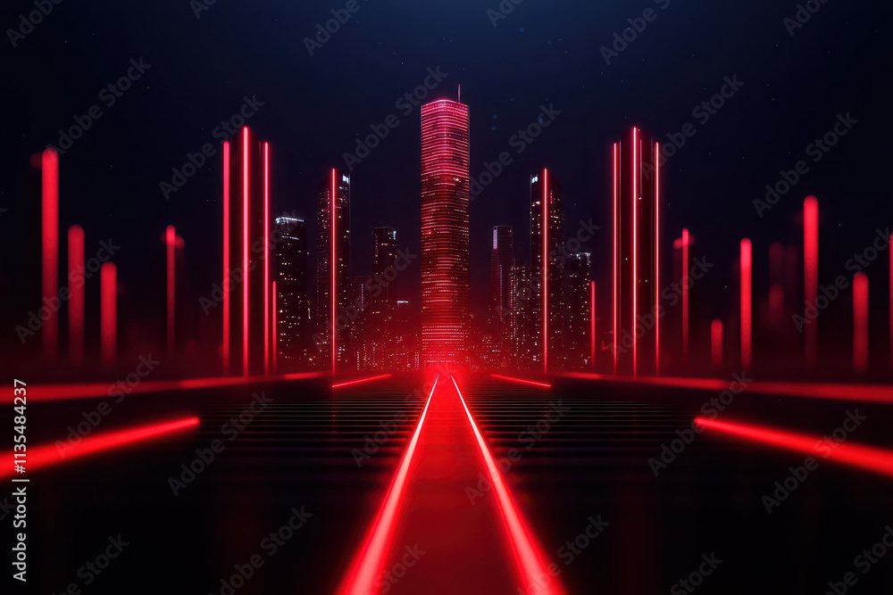 Futuristic city skyline with glowing red lights and tall buildings Futuristic city skyline with glowing red lights and tall buildings