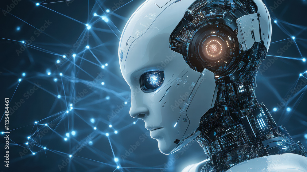 Fototapeta premium A futuristic robot head with glowing eyes and circuitry on the side, looking to its right in profile against an abstract background of blue digital connections