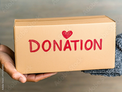 Cardboard Donation Box with Red Lettering and Heart photo