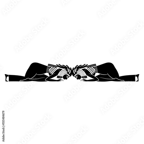 Symmetrical ethnic design with two prostrated ancient Egyptian women. Black and white silhouette.