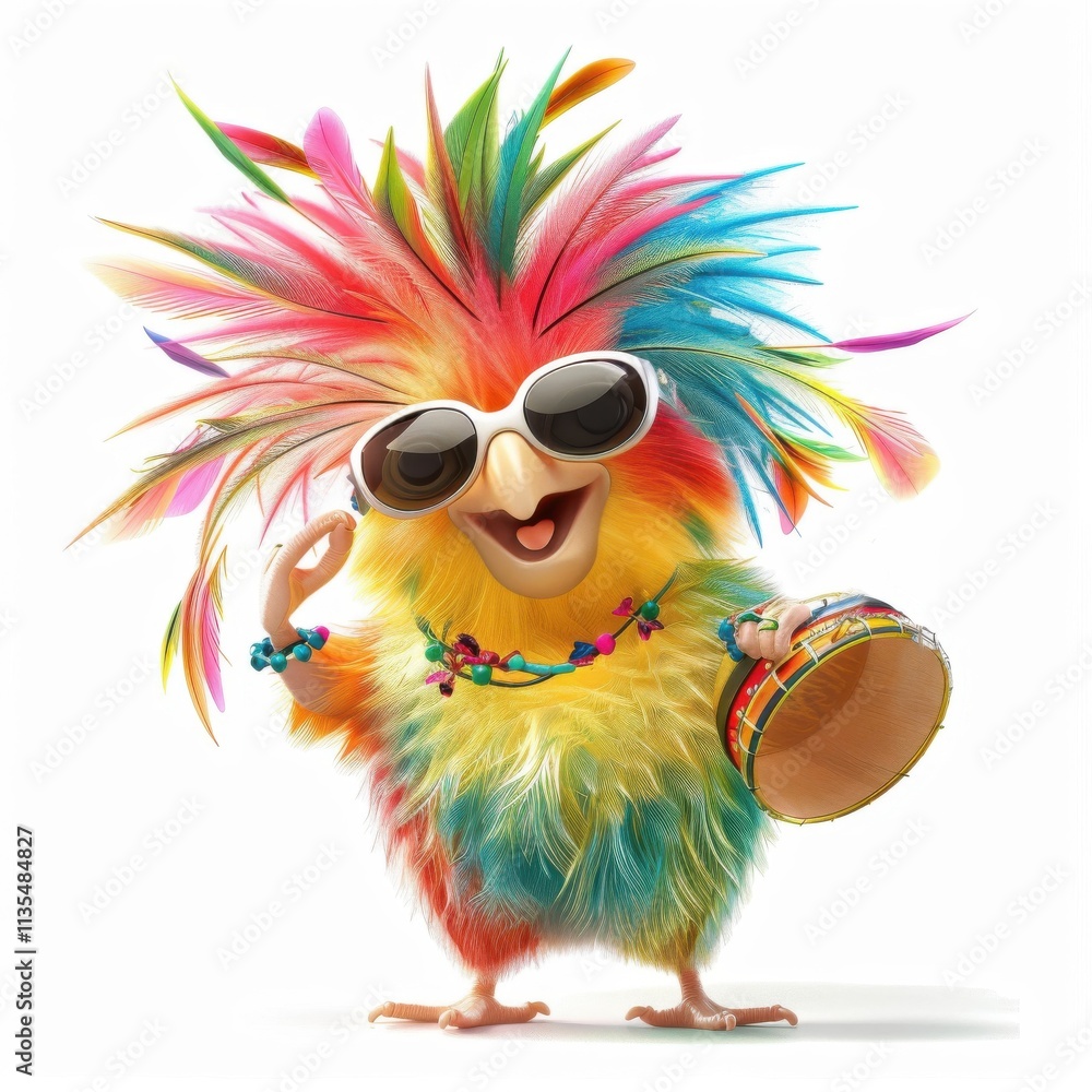 Delightful parrot showcases vibrant hair and playful personality while shaking a tambourine Delightful parrot showcases vibrant hair and playful personality while shaking a tambourine