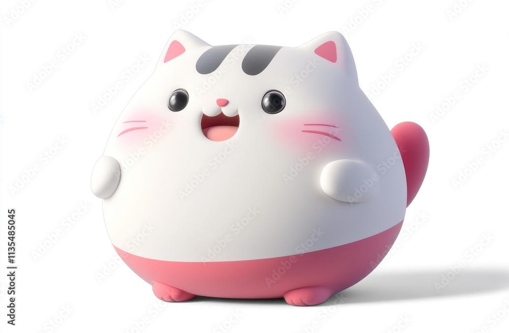 Cute plump cartoon cat with pink and gray stripes smiling on white background. Cute plump cartoon cat with pink and gray stripes smiling on white background.