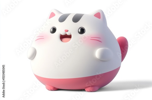 Cute plump cartoon cat with pink and gray stripes smiling on white background.