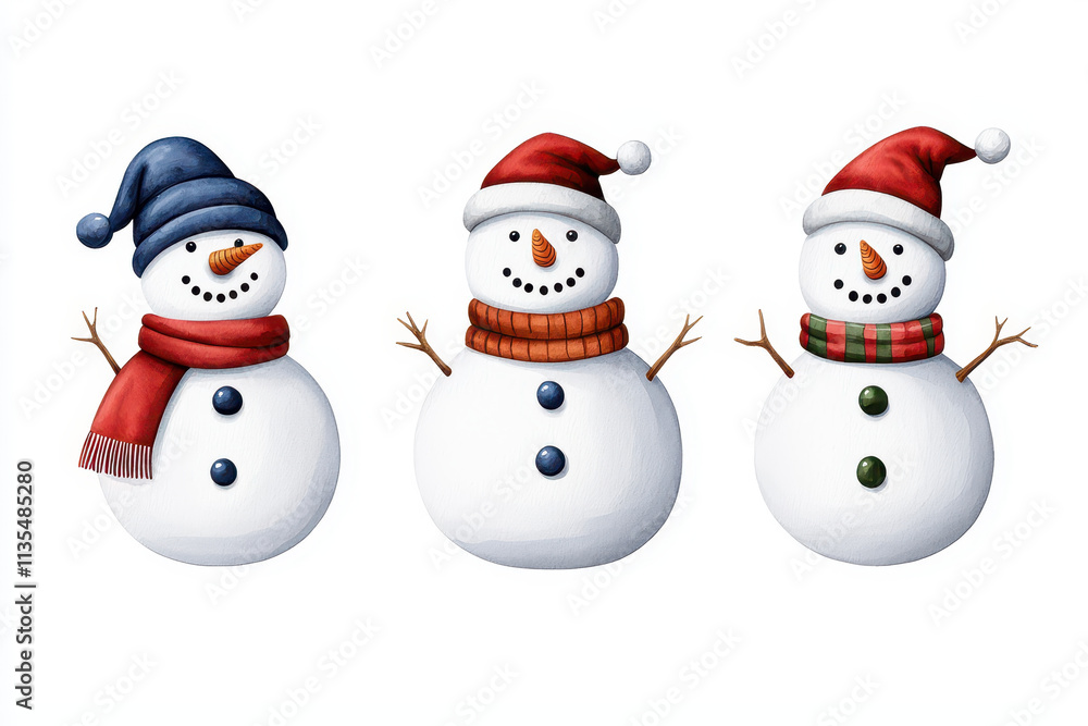 Snowmen wearing colorful hats and scarves, cheerful winter decorations Snowmen wearing colorful hats and scarves, cheerful winter decorations