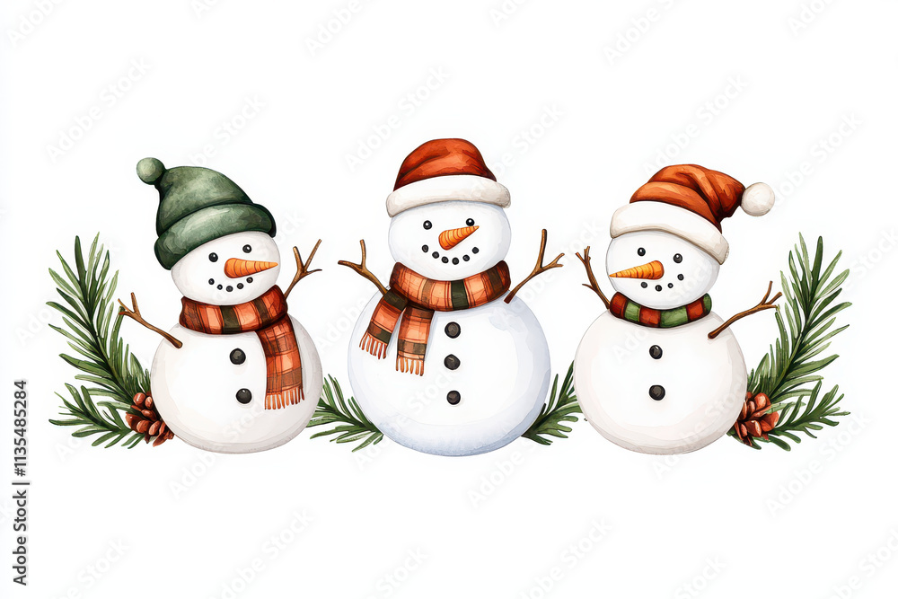 Snowmen with festive hats and scarves surrounded by pine branches Snowmen with festive hats and scarves surrounded by pine branches
