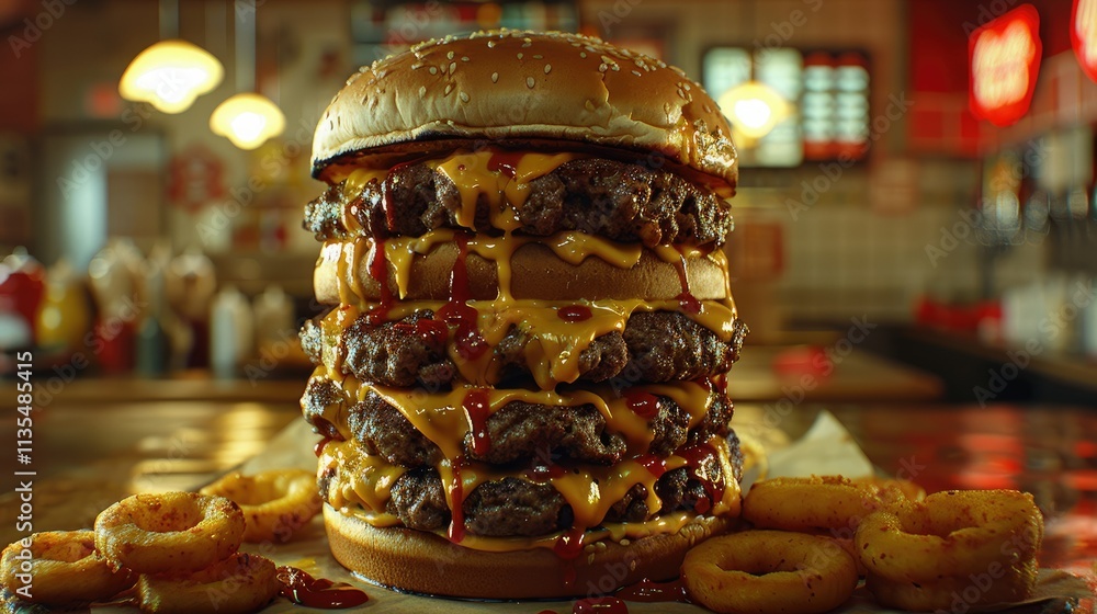 A towering burger with multiple patties, cheese, and sauce, accompanied by onion rings. A towering burger with multiple patties, cheese, and sauce, accompanied by onion rings.