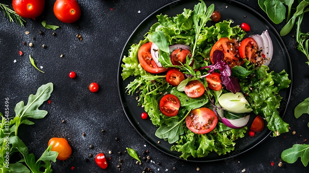 Fresh and Healthy Salad with Tomatoes, Lettuce, and Herbs. Concept of healthy eating and diet. Fresh and Healthy Salad with Tomatoes, Lettuce, and Herbs. Concept of healthy eating and diet.