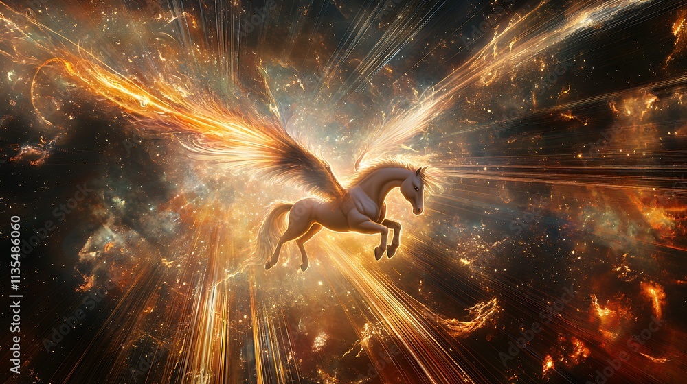 Fototapeta premium A majestic pegasus soars through a vibrant cosmic explosion, its wings ablaze with golden light.