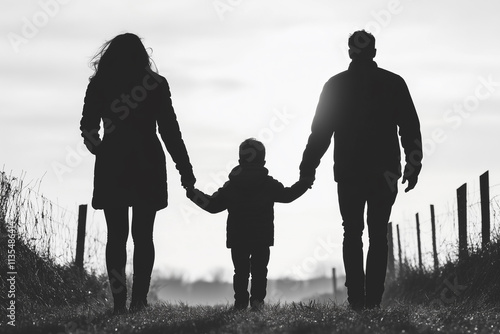 Silhouette of Family Walking Away, Holding Hands