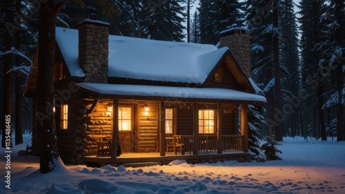 Cozy snow-covered cabin at night.