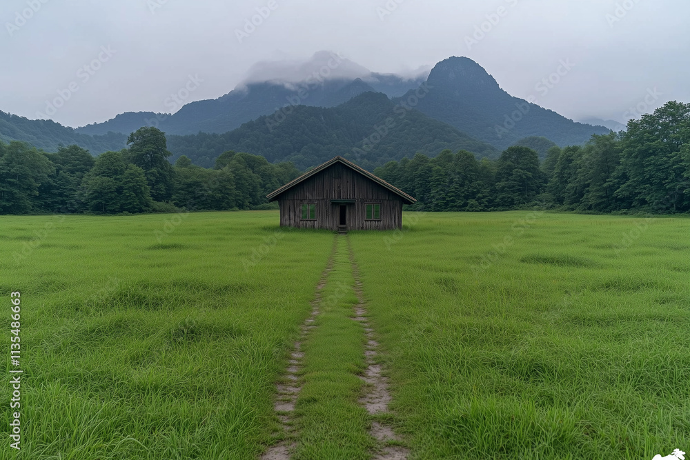 Obraz premium Wooden House in Grassy Field with Mountain Background