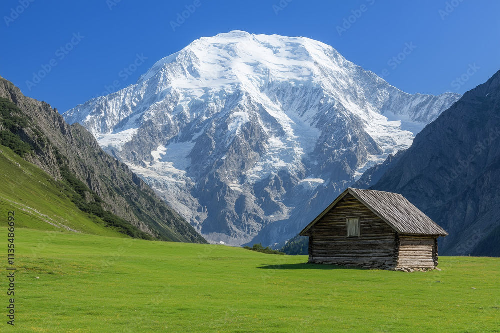 Wooden Cabin in Alpine Meadow with Snow-Capped Mountain Range Wooden Cabin in Alpine Meadow with Snow-Capped Mountain Range