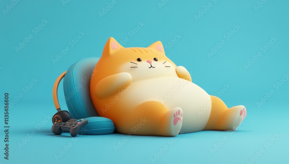 Relaxed orange cat with video game controller on blue background. Relaxed orange cat with video game controller on blue background.