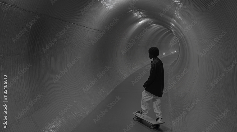 Person Skateboarding in a Curved Tunnel Person Skateboarding in a Curved Tunnel
