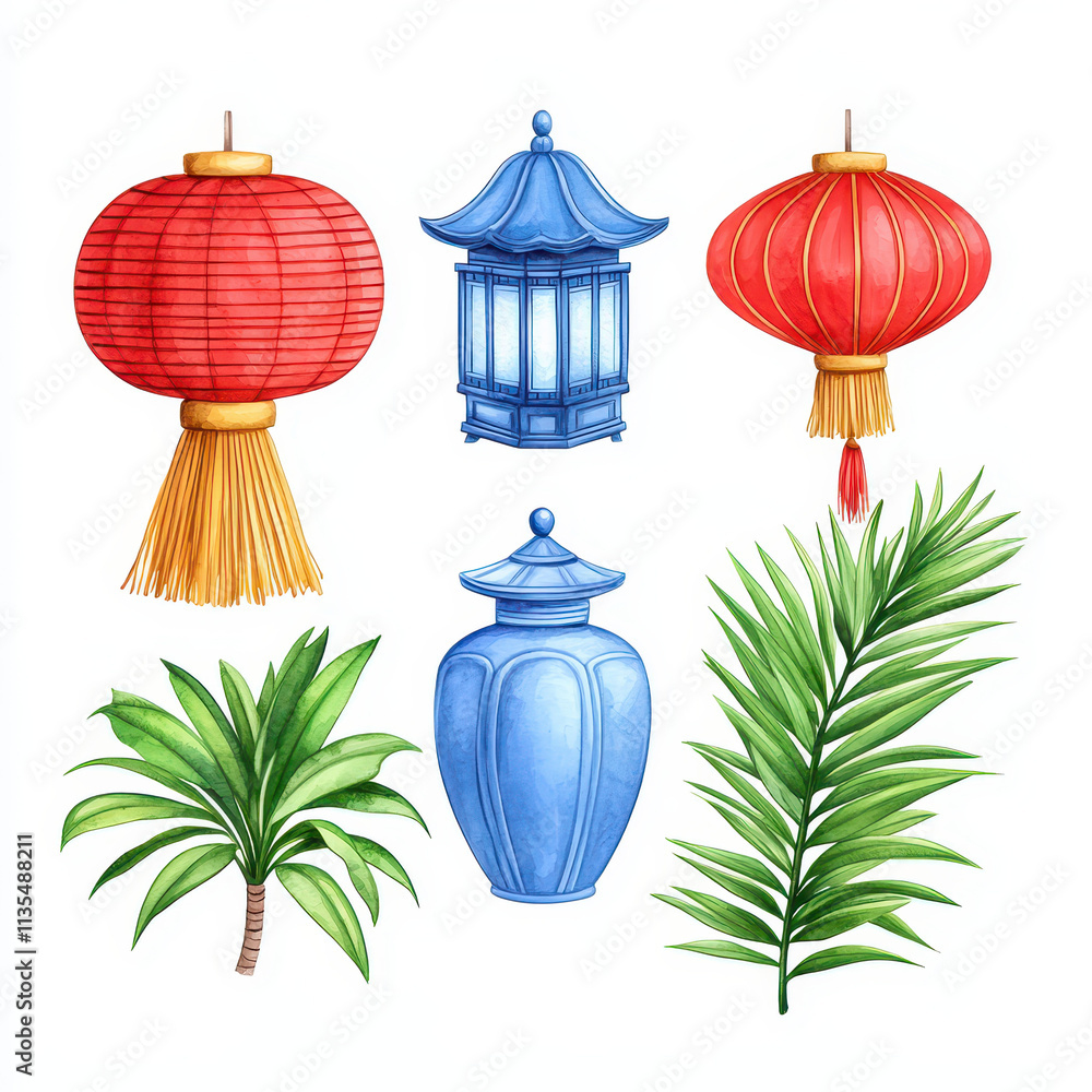Fototapeta premium Colorful lanterns, plants, and decorative items create vibrant scene