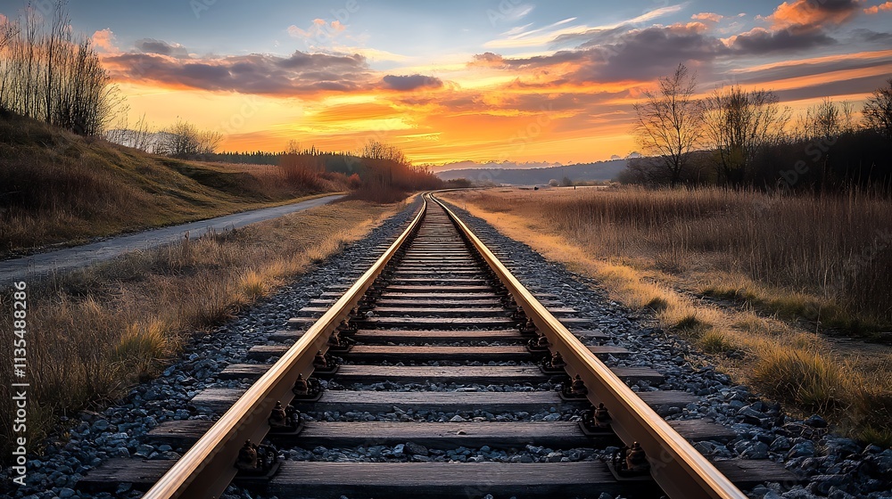 Fototapeta premium Sunset over Railroad Tracks. Concept of Journey, Destination, and Hope.
