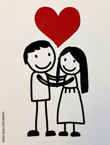 A minimalist line drawing of a couple embracing, with a simple and elegant design on a white background. A red heart floats above the couple, symbolizing love and affection