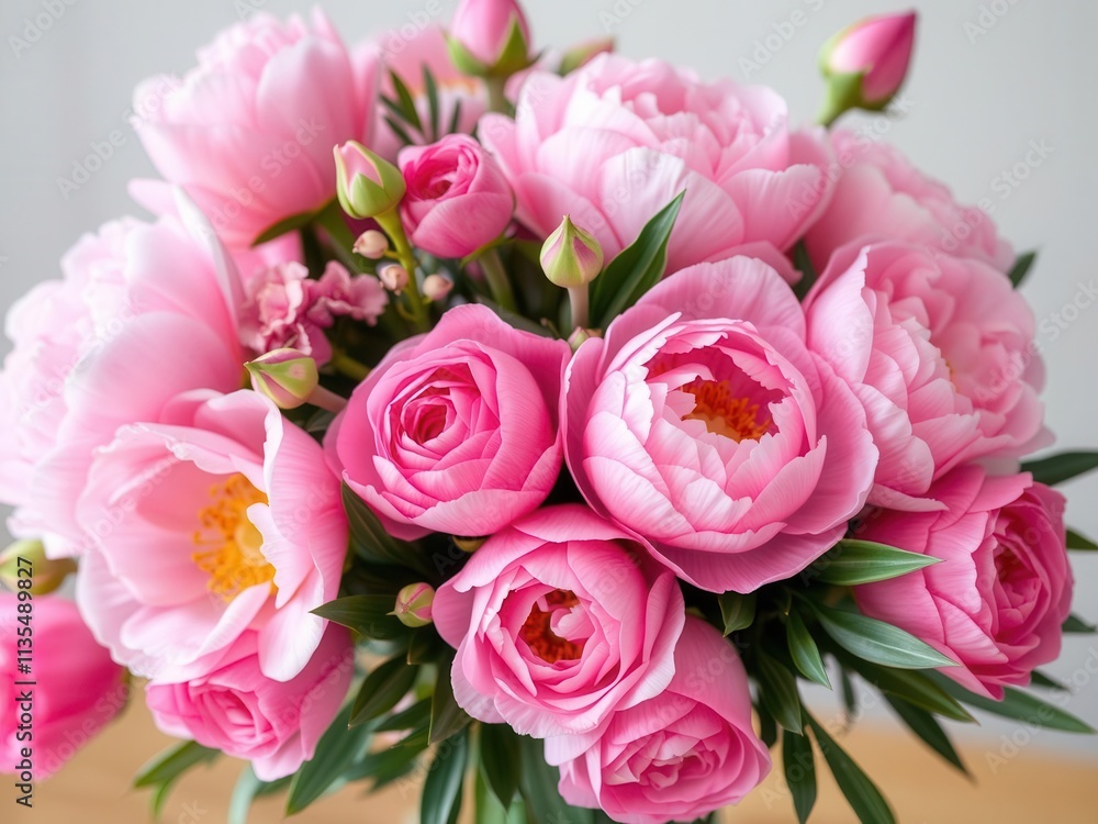 A vibrant arrangement of fresh pink peonies and roses with a blank space for text, decoration, beautiful A vibrant arrangement of fresh pink peonies and roses with a blank space for text, decoration, beautiful