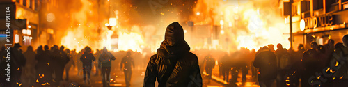 Hooded Figure Amidst Urban Fire and Crowd