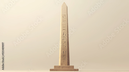 Ancient egyptian obelisk: a tall, slender, four-sided stone monument with hieroglyphic carvings, standing proudly on a rectangular base, against a muted beige background. Obelisk. Illustration photo