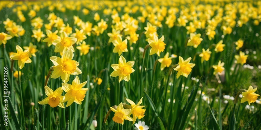 Bright yellow daffodil flowers spread out across a vast field, creating a stunning display of natural beauty, blooming, field Bright yellow daffodil flowers spread out across a vast field, creating a stunning display of natural beauty, blooming, field