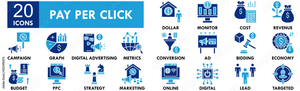 Pay Per Click icon collection set. Containing design internet, click, web, online, pay, website Pay Per Click icon collection set. Containing design internet, click, web, online, pay, website
