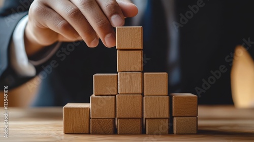 Businessman building digital blocks, symbolizing growth in business development and technology