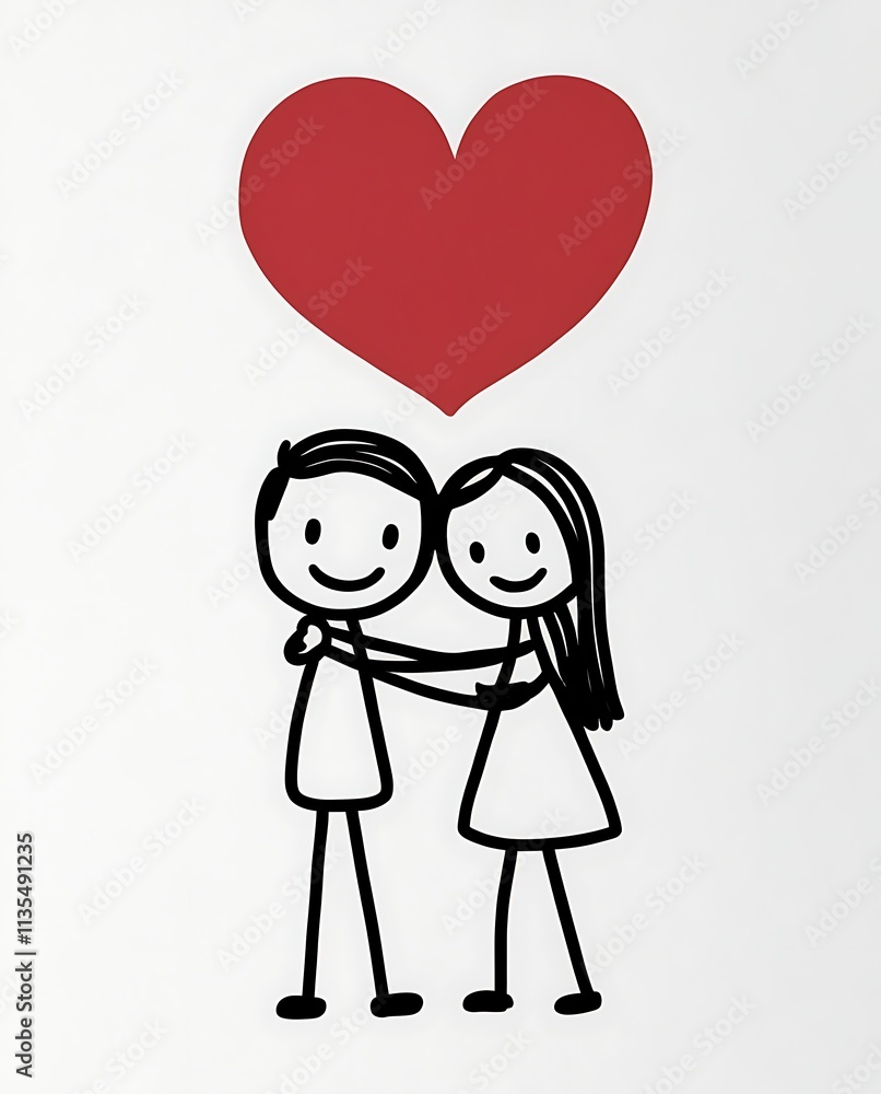 A minimalist line drawing of a couple embracing, with a simple and elegant design on a white background. A red heart floats above the couple, symbolizing love and affection A minimalist line drawing of a couple embracing, with a simple and elegant design on a white background. A red heart floats above the couple, symbolizing love and affection