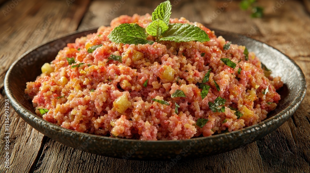 Preparing authentic kibbeh nayeh with freshly minced middle eastern lamb rustic kitchen setting culinary artistry close-up view Preparing authentic kibbeh nayeh with freshly minced middle eastern lamb rustic kitchen setting culinary artistry close-up view