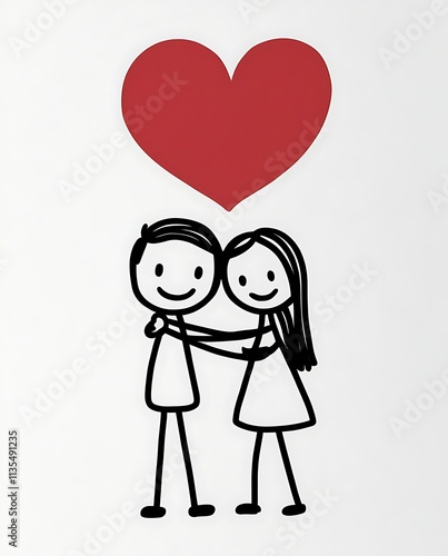 A minimalist line drawing of a couple embracing, with a simple and elegant design on a white background. A red heart floats above the couple, symbolizing love and affection