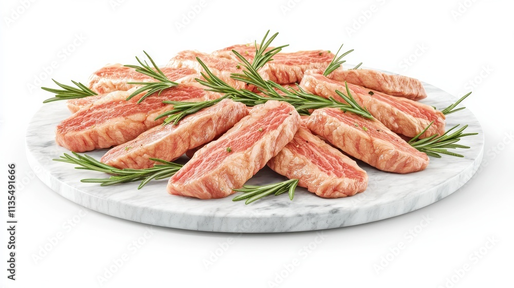 Freshly cut beef sirloin slices with rosemary on marble plate culinary delights gourmet kitchen natural light food presentation Freshly cut beef sirloin slices with rosemary on marble plate culinary delights gourmet kitchen natural light food presentation