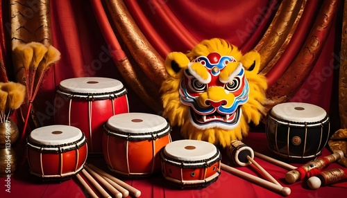 Chinese New Year Celebration: Lion Dance Drums and Traditional Instruments photo