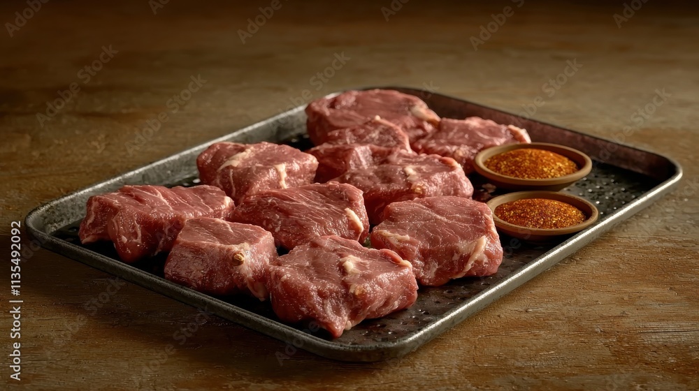 Grilling fresh cuts of raw mutton outdoor kitchen food rustic setting close-up view culinary delight Grilling fresh cuts of raw mutton outdoor kitchen food rustic setting close-up view culinary delight