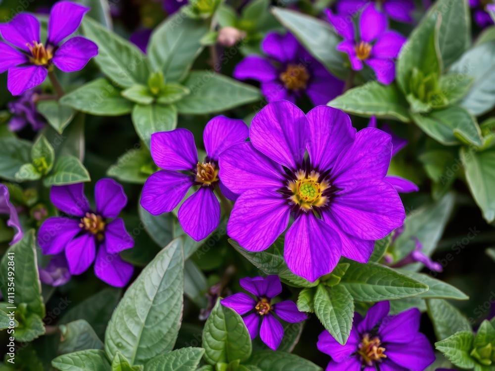 Vibrant purple flower petals and lush green leaves in a garden setting, purple petals, fresh, foliage Vibrant purple flower petals and lush green leaves in a garden setting, purple petals, fresh, foliage