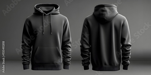 A hoodie is shown in two different angles. The hoodie is black and has a hood. The hoodie is designed to be worn over a shirt and is meant to keep the wearer warm. The hoodie is made of a soft.mockup