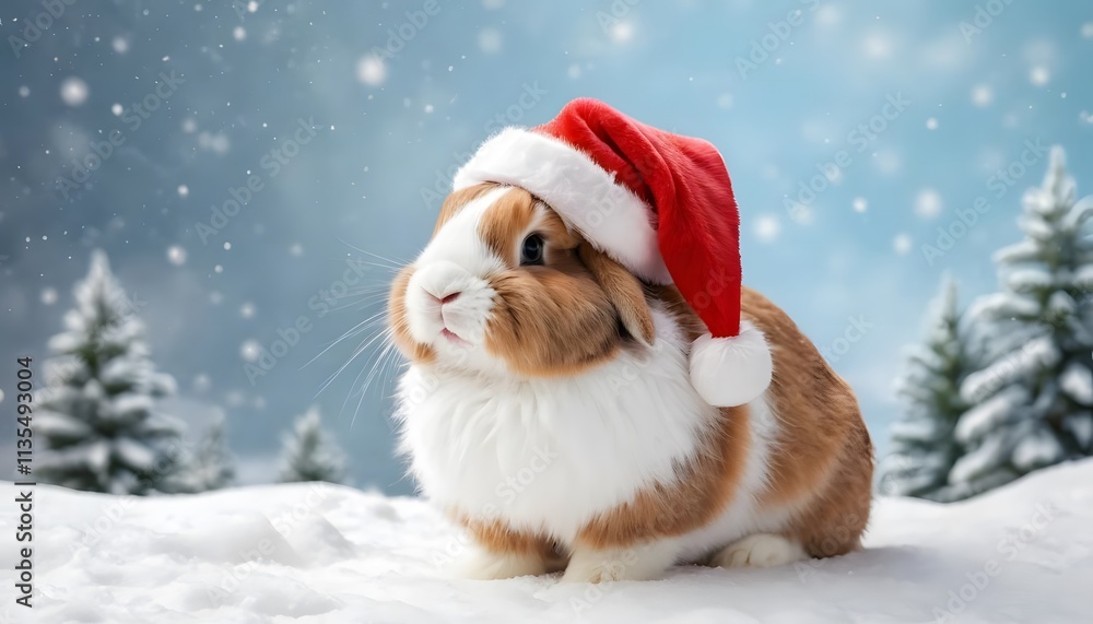 Adorable Fluffy Bunny in Santa Hat Winter Wonderland Christmas Festive Snow Scene Adorable Fluffy Bunny in Santa Hat Winter Wonderland Christmas Festive Snow Scene